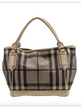 Burberry Beige and Brown Check Tote with Leather Trim